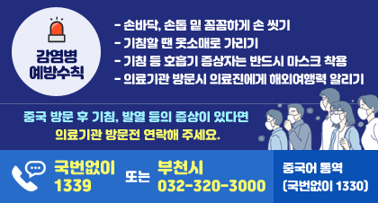 감염병 예방수칙
- 손바닥, 손톱 밑 꼼꼼하게 손 씻기
- 기침할 땐 옷소매로 가리기
- 기침 등 호흡기 증상자는 반드시 마스크 착용
- 의료기관 방문시 의료진에게 해외여행력 알리기
중국 방문 후 기침, 발열 등의 증상이 있다면 의료기관 방문전 연락해 주세요.
국번없이 1339 또는 부천시 032-320-3000
중국어 통역(국번없이 1330)